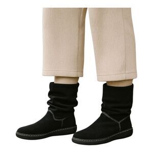 LANDS' END Suede Black EUC Slouch Boots Flat Booties Cozy Comfy Pull On Calf 8B